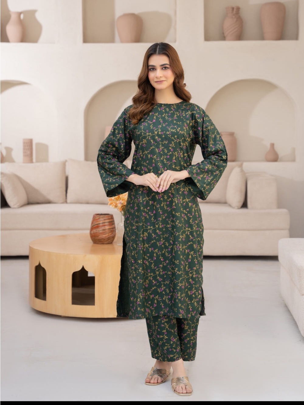 Dark Green Floral Kurta Set